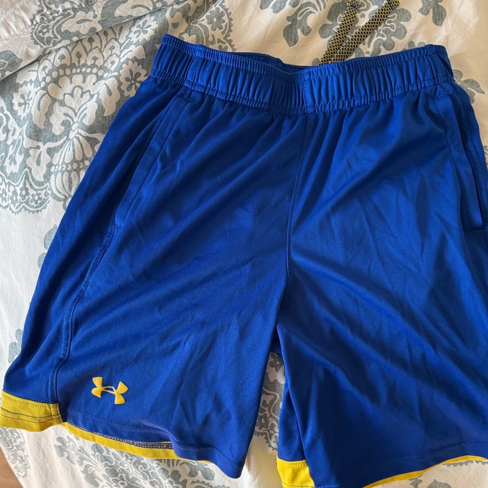 Under Armour boy’s Athletic Shorts in Blue with Yellow Trim
